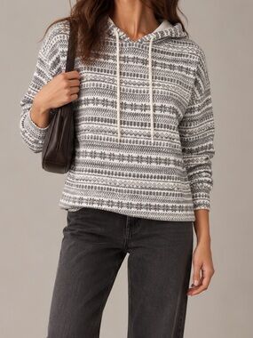 Lou & Grey Nordic Print Hoodie Pullover Gray White Cotton Blend, Size XS
